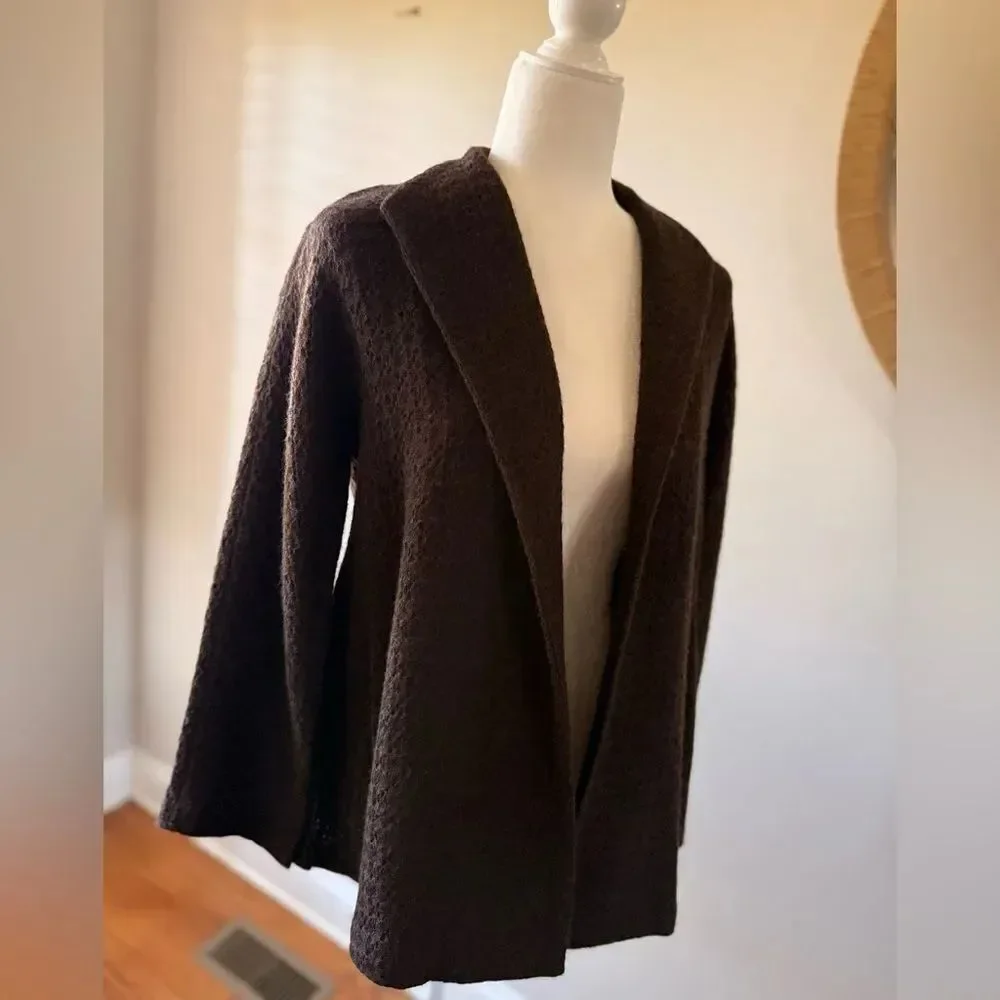 Eileen Fisher 100% Wool Open Front Chocolate Brown Cardigan Size Small